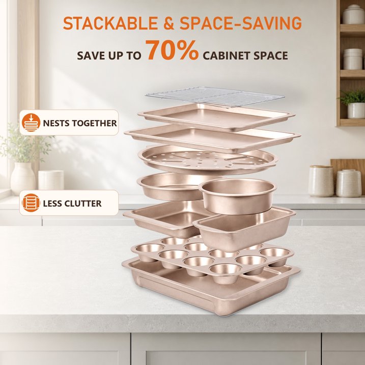 HONGBAKE 10-Piece Nonstick Carbon Steel Bakeware Set, Baking Pan Set with Baking Sheets, Cake Pans, Loaf Pan & Muffin Pan, Champagne Gold