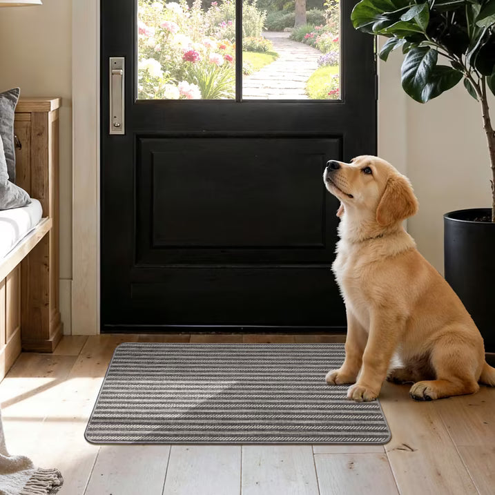 MatEssenz Washable Indoor Doormat 17"x29.5", Low Profile Entryway Rug with Non-Slip Rubber Backing, Striped Woven Faux Linen Front Door Mat, Pet Friendly Dirt Trapper, Grey