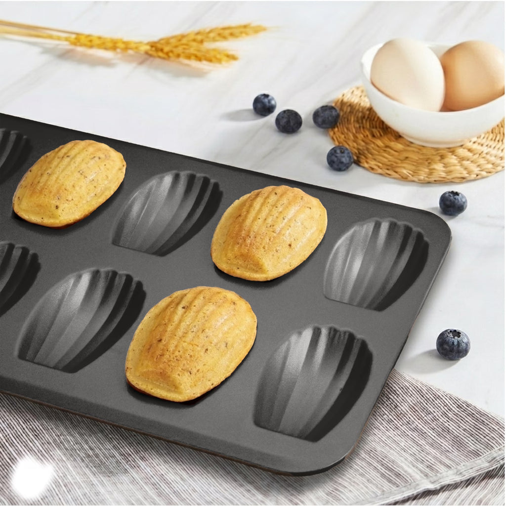 HONGBAKE Nonstick Madeleine Pan 2 Pack 12-Cavity Heavy Duty Madeleine Cookies Trays for Oven Baking, Cake Mold Warp Resistant Shell Shape Madeleine Mold Cake Pan, Space Grey