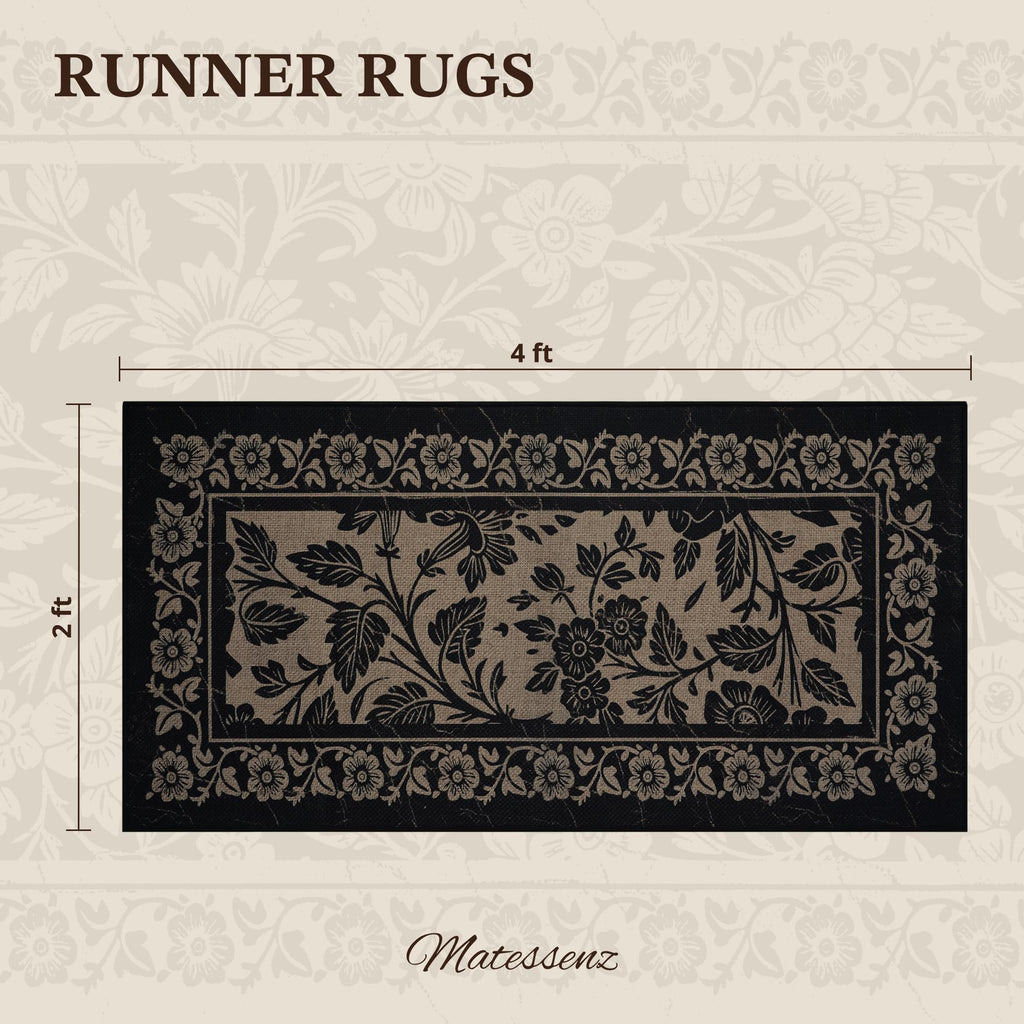 MatEssenz Washable Runner Rug 2'x4', Non-Slip Low-Pile Kitchen Entryway Rug, Absorbent Pet-Friendly Vintage Floral, Black/Tan