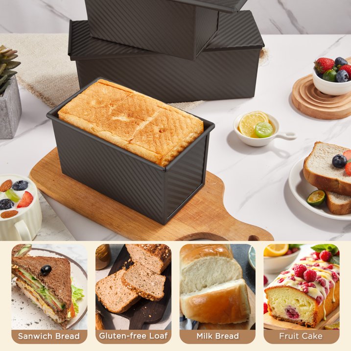 KITESSENSU Bread Pan for Baking, Pullman Loaf Pan with Lid, Non-Stick Bread Loaf Pan Heavy Duty, Carbon Steel Bread Baking Pan, Black