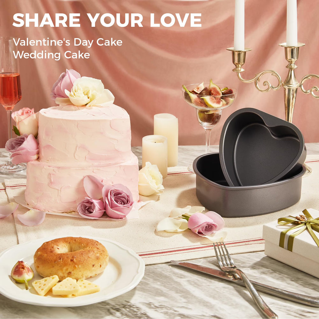 HONGBAKE Heart Shaped Cake Pan, Nonstick 8 & 6 inch Cheesecake Pans Set, Heart Shape Layer Cake Mold, Baking Tin for Valentine's Day, Weddings, 2 Pieces, Heavy Duty, Grey