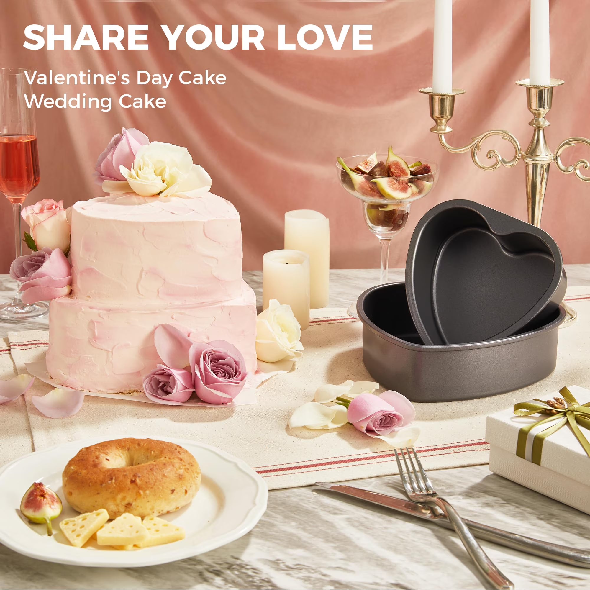 HONGBAKE Heart Shaped Cake Pan, Nonstick 8 & 6 inch Cheesecake Pans Set, Heart Shape Layer Cake Mold, Baking Tin for Valentine's Day, Weddings, 2 Pieces, Heavy Duty, Grey