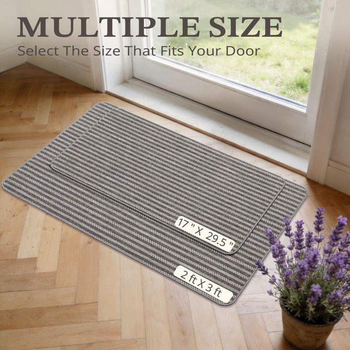 MatEssenz Washable Door Mat 2x3 ft, Inside Welcome Mat, Low Profile Entryway Rug, Neutral Striped Faux Linen, Non-Slip Mudroom & Back Door Mat, Pet Friendly, Grey
