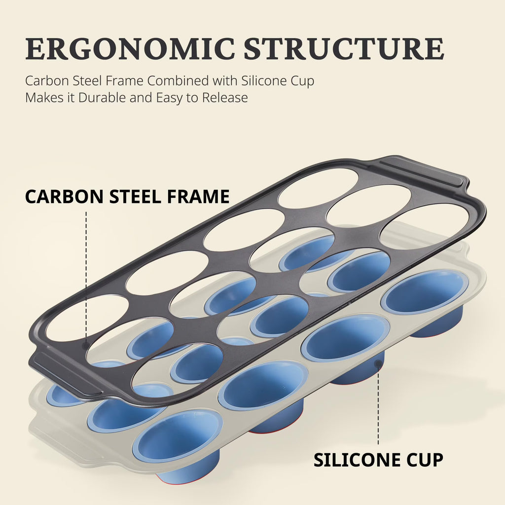 HONGBAKE Silicone Muffin Pan with Metal Frame, 12 Cup Muffin Tin for Cupcakes & Egg Bites, Nonstick Non-Toxic Bakeware, Blue