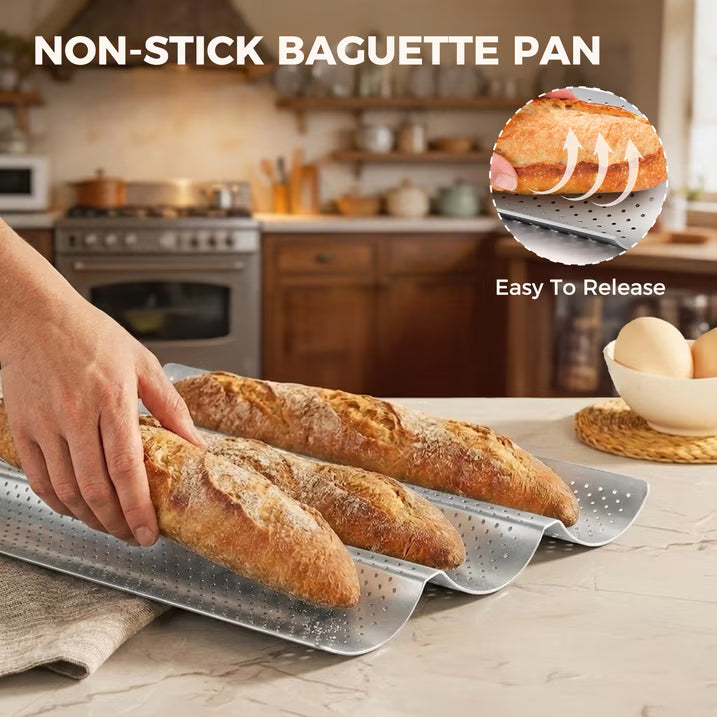 KITESSENSU Nonstick Baguette Pans for French Bread Baking, Perforated 3 Loaves Baguettes Bakery Tray, 15" x 9", Silver