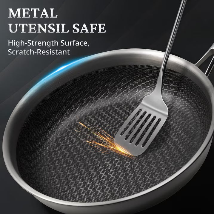 KITESSENSU Stainless Steel Frying Pan with Lid, 11" Nonstick Honeycomb Skillet, Non Toxic Cookware Pan for Induction, Electric and Gas Hob, Dishwasher/Oven Safe