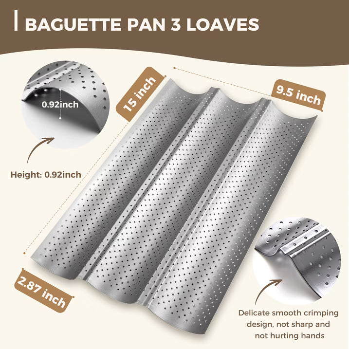 KITESSENSU Nonstick Baguette Pans for French Bread Baking, Perforated 3 Loaves Baguettes Bakery Tray, 15" x 9", Silver