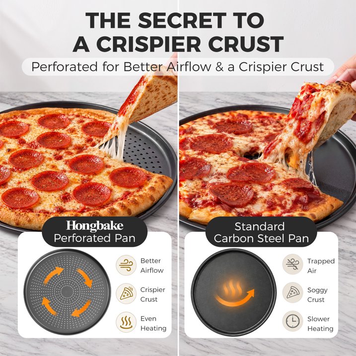HONGBAKE 16 Inch Pizza Pan for Baking, 2 Pack Non-Stick Non-Stick Pizza Tray for Oven, Carbon Steel Perforated Crispy Pizza pan with Holes, Round Baking Pan for Frozen & Homemade Pizza, Grey