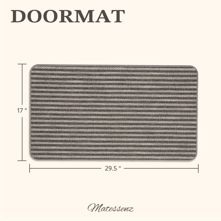 MatEssenz Washable Indoor Doormat 17"x29.5", Low Profile Entryway Rug with Non-Slip Rubber Backing, Striped Woven Faux Linen Front Door Mat, Pet Friendly Dirt Trapper, Grey