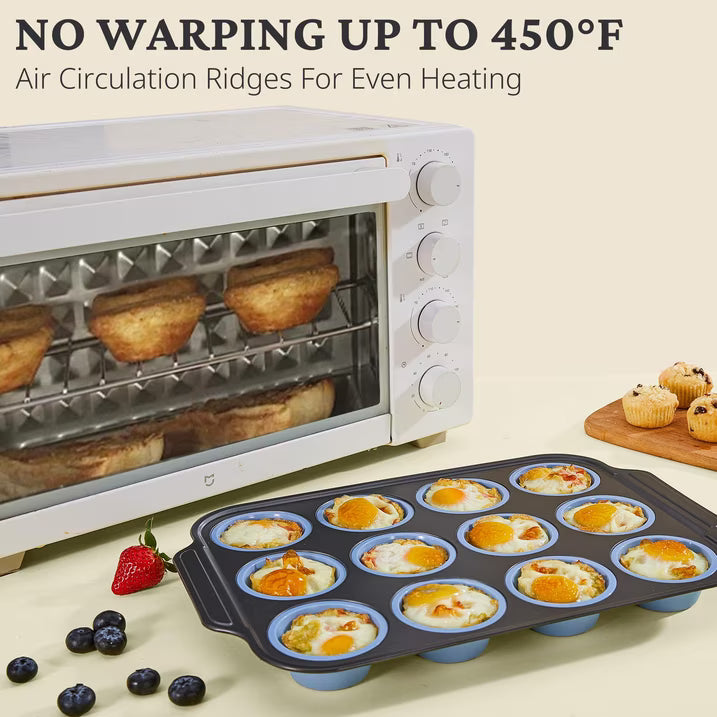 HONGBAKE Silicone Muffin Pan with Metal Frame, 12 Cup Muffin Tin for Cupcakes & Egg Bites, Nonstick Non-Toxic Bakeware, Blue
