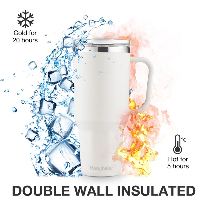 HONGBAKE 40oz Stainless Steel Tumbler with Handle & Straw Lid, Vacuum Insulated Tumbler, White