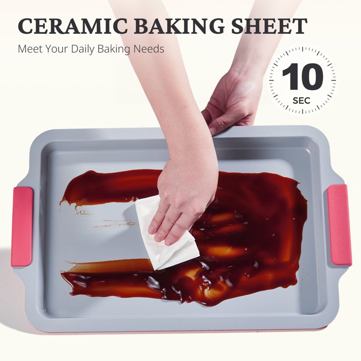 HONGBAKE Non Toxic Ceramic Cookie Sheets for Baking, 3-piece Non Stick Baking Sheet Pans for Oven, Heavy Duty Aluminized Steel Baking Pans Set with Silicone Handles -Rose Red
