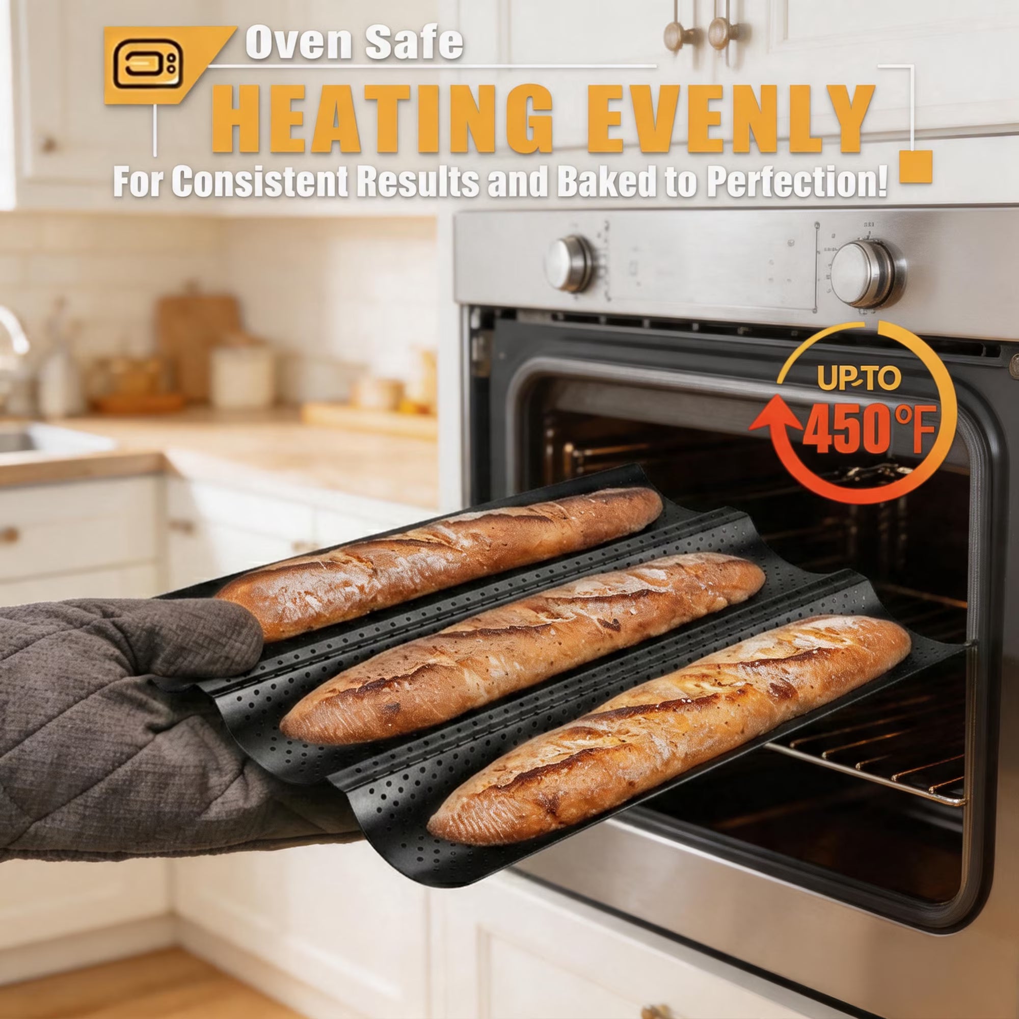 KITESSENSU Nonstick Baguette Pans for Baking, Perforated 3 Loaves French Bread Pan, Heavy Duty Baguette Baking Pans, Non Toxic Stainless Steel Baguette Tray for Oven, 15" x 9", Black