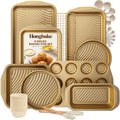 HONGBAKE 34-Piece Non Stick Bakeware Sets with Wave Texture for Reduced Grease, 0.8mm Thick Non Toxic Baking Pans Set, Includes Stackable Cookie Sheets for Oven, Gold