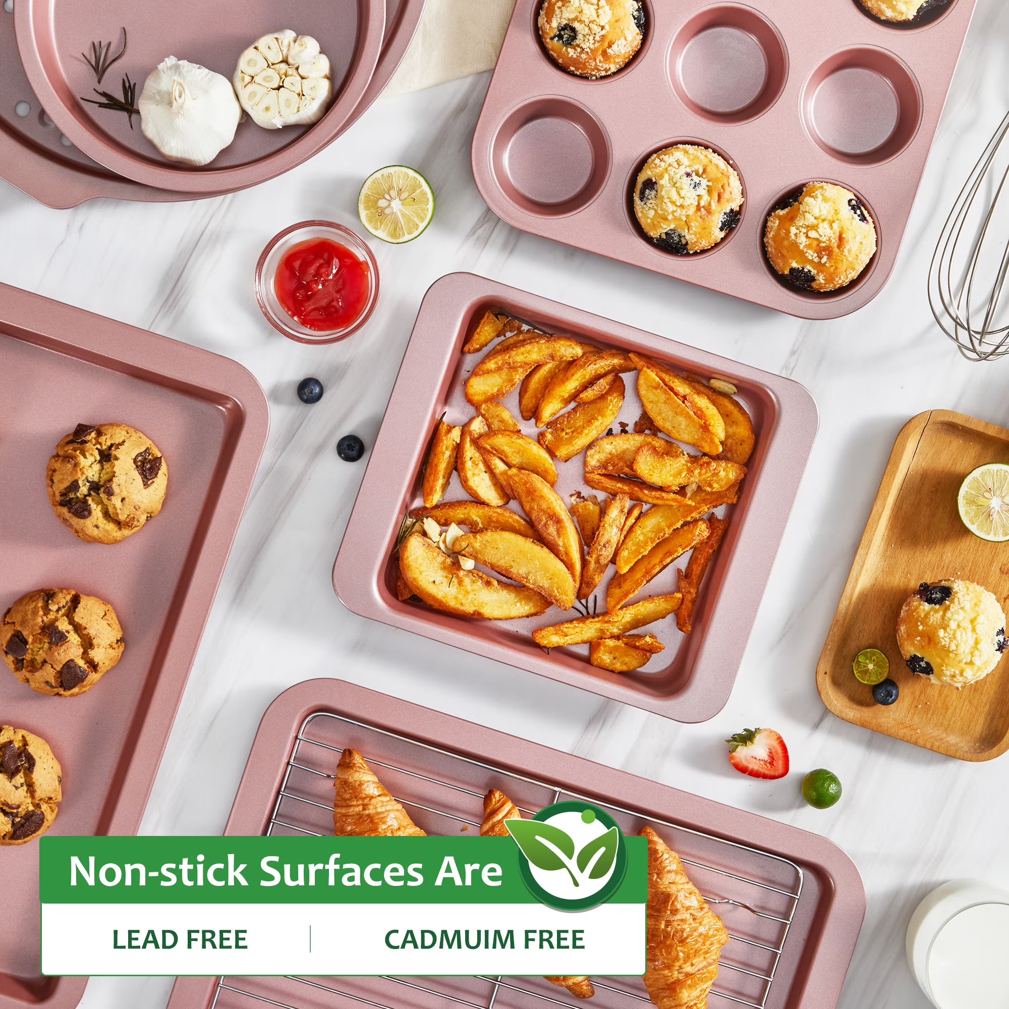 HONGBAKE Bakeware Sets, Baking Pans Set, Nonstick Oven Pan for Kitchen with Wider Grips, 10-Piece Including Rack, Cookie Sheet, Cake Pans, Loaf Pan, Muffin Pan, Pizza Pan - Pink