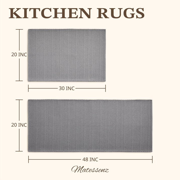 MatEssenz 2-Piece Kitchen Rugs Set, 20"x30" + 20"x48", Faux Linen Woven Textured Washable Kitchen Mats for Floor, Slip Resistant Gel Backing Standing Desk Mat for Sink Laundry Room, Grey