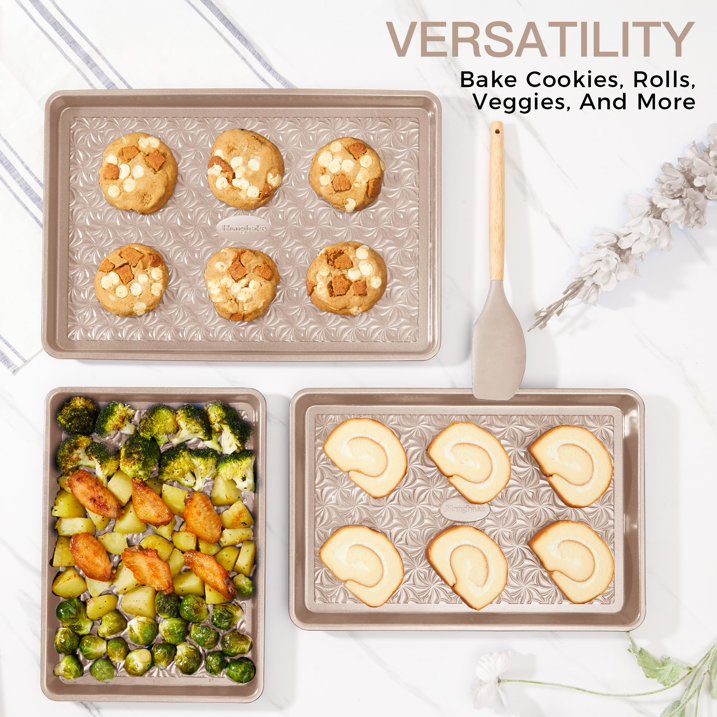 HONGBAKE Nonstick Baking Sheet Pan Set of 3, Cookie Sheets for Oven, Non-Toxic Half/Quarter/Jelly Roll Pans with Floral Swirl Texture, Heavy Duty 0.8mm Thick Oven Trays for Cooking, Gold