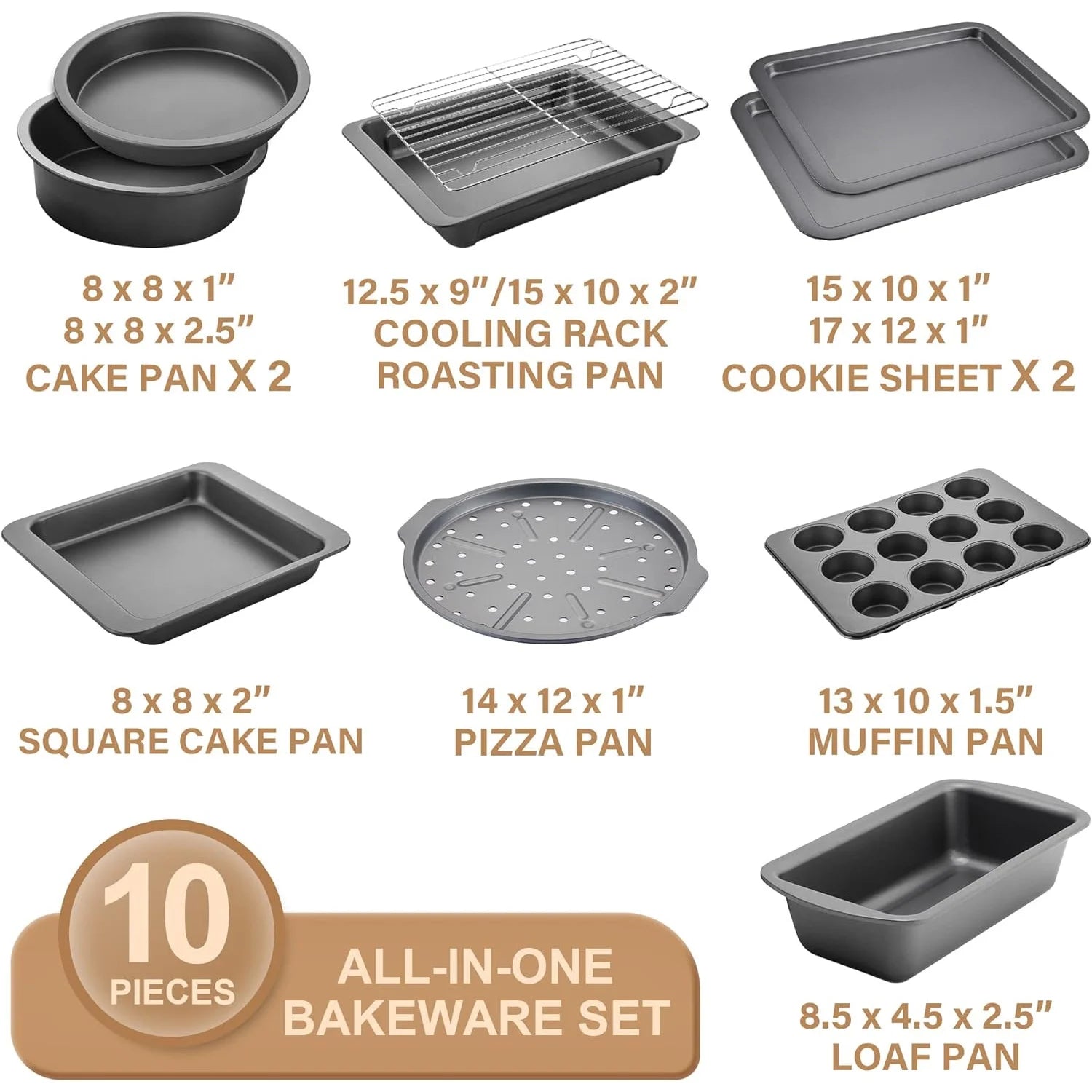 HONGBAKE Bakeware Sets, Baking Pans Set, Nonstick Oven Pan for Kitchen with Wider Grips, 10 Pieces Including Rack, Cookie Sheet, Cake Pans, Loaf Pan, Muffin Pan, Pizza Pan - Grey