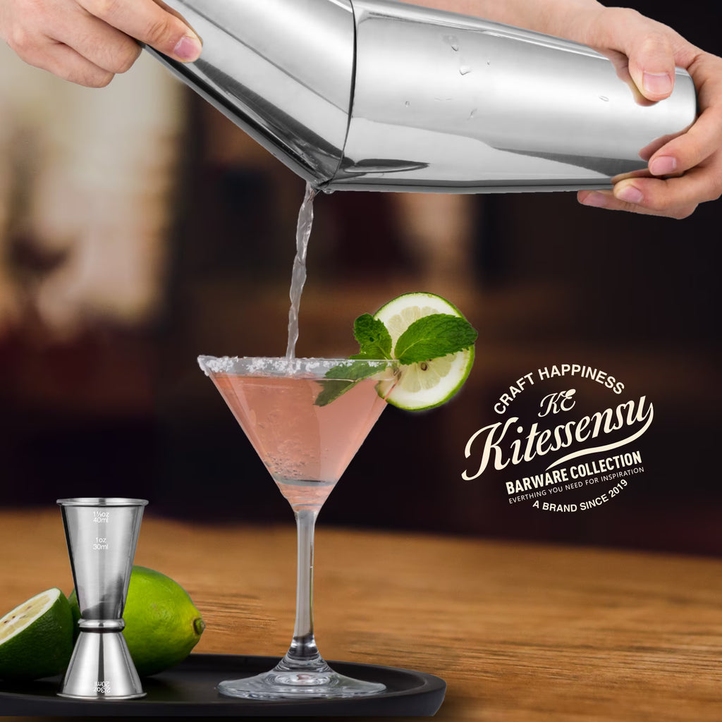 KITESSENSU Boston Cocktail Shaker Set, 4-Piece Martini Shaker, Boston Shaker with 18oz & 28oz Mixed Drink Shaker, Hawthorne Strainer, Double Measuring Jigger, Cocktail Recipe Cards Included