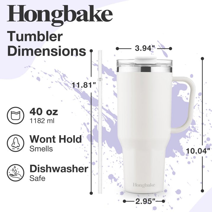 HONGBAKE 40oz Stainless Steel Tumbler with Handle & Straw Lid, Vacuum Insulated Tumbler, White