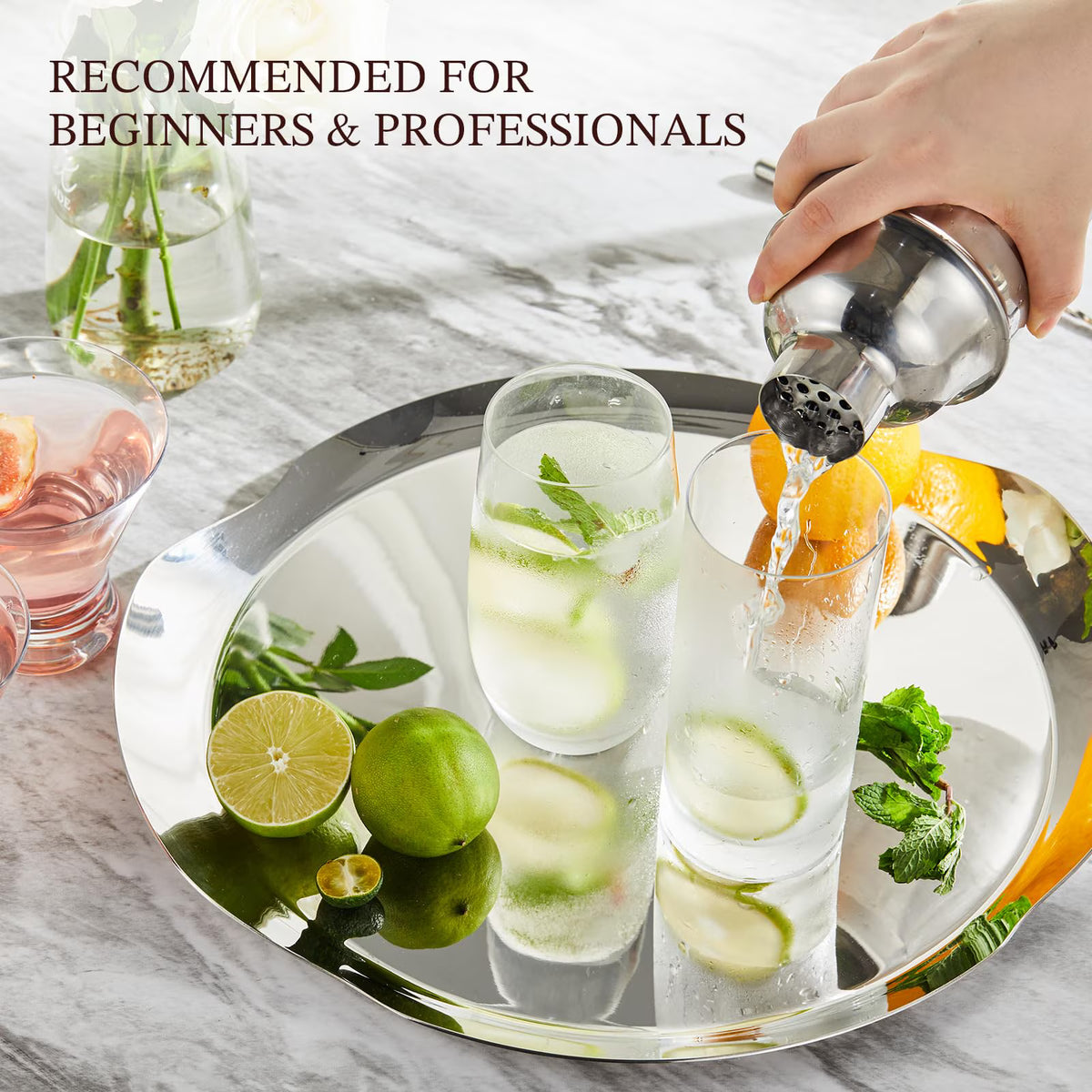 KITESSENSU Cocktail Shaker, Drink Shaker with Bartender Strainer, Measuring Jigger, Bar Mixing Spoon, Professional Drink Mixer Set for Beginners, Silver