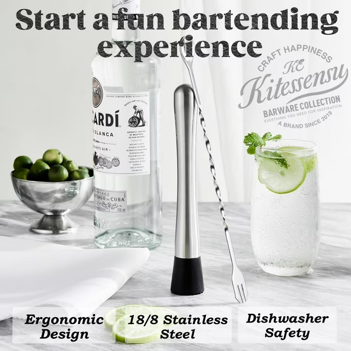 KITESSENSU Muddler and Bar Spoon, 8 Inch Stainless Steel Muddler for Cocktails, Mojitos