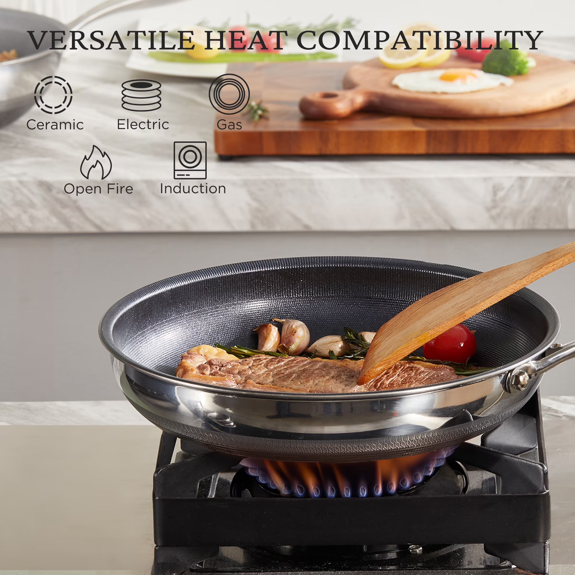 KITEXPERT Nonstick Frying Pans Set, 6 Pcs (8, 10, 12") Skillet with Lid, Non-Toxic Titanium Ceramic Pan, Dishwasher & Oven Safe, All Cooktops Compatible