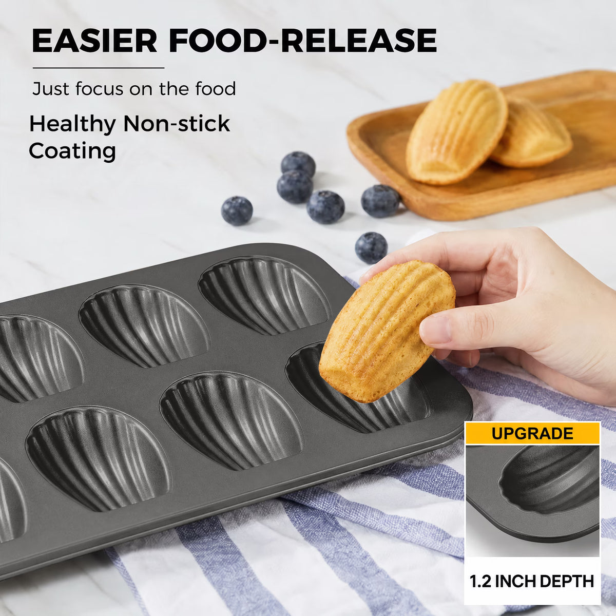 HONGBAKE Nonstick Madeleine Pan 2 Pack 12-Cavity Heavy Duty Madeleine Cookies Trays for Oven Baking, Cake Mold Warp Resistant Shell Shape Madeleine Mold Cake Pan, Space Grey