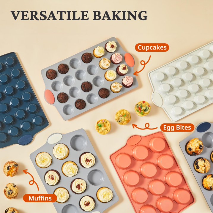 HONGBAKE Ceramic Mini Muffin Pan, 24-Cup Nonstick Aluminized Steel Cupcake Pans, Healthy Non-Toxic Ceramic Coating Mini Muffin Tin, 1Pack Cup Cake Pans for Baking Cream