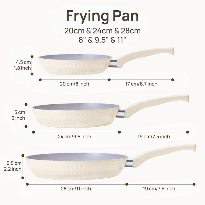 KITEXPERT Non Stick Frying Pan, 8" 9.5" 11" Ceramic Pan Set with Lid, Non Toxic Cooking Pan, Skillet for Induction Hob, Cream