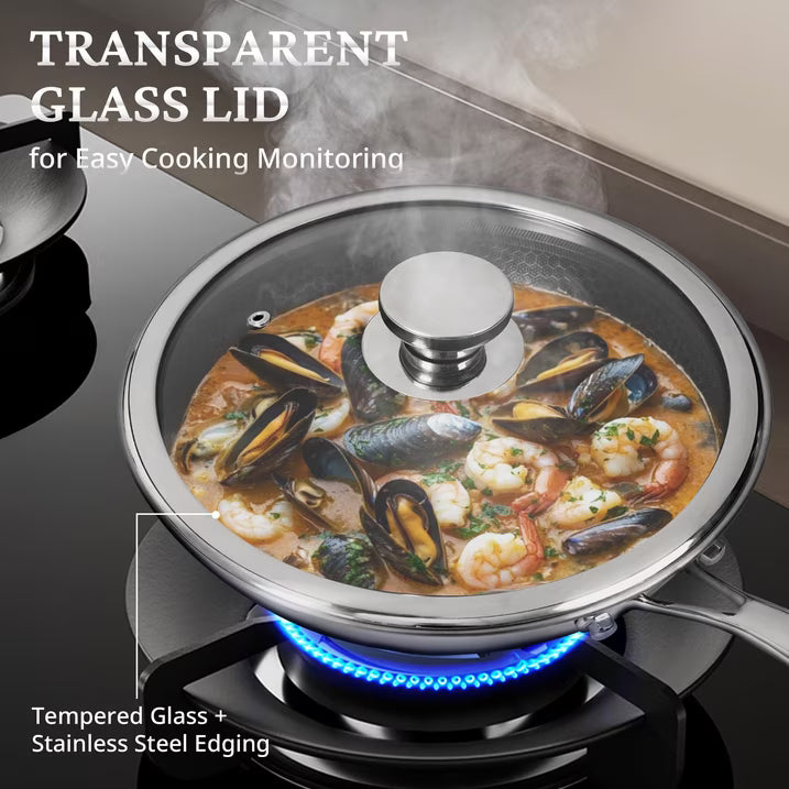 KITESSENSU Stainless Steel Frying Pan with Lid, 11" Nonstick Honeycomb Skillet, Non Toxic Cookware Pan for Induction, Electric and Gas Hob, Dishwasher/Oven Safe