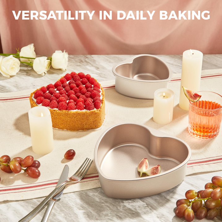 HONGBAKE Heart Shaped Cake Pan, Nonstick 8 & 6 inch Cheesecake Pans Set, Heart Shape Layer Cake Mold, Baking Tin for Valentine's Day, Weddings, 2 Pieces, Heavy Duty, Gold