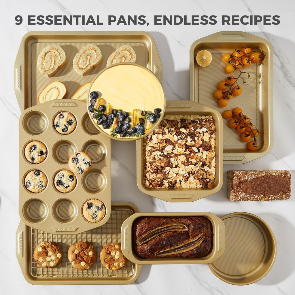 HONGBAKE 9-Piece Non Stick Bakeware Sets with Wave Texture for Reduced Grease, 0.8mm Thick Non Toxic Baking Pans Set, Includes Stackable Cookie Sheets for Oven, Gold