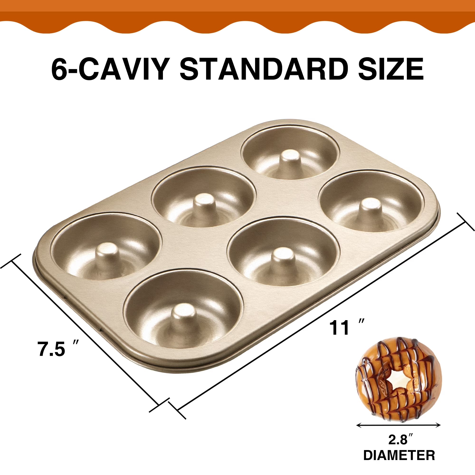 HONGBAKE Nonstick Donut Pans For Baked Doughnuts, 2-Pack 6 Cavity Upgraded Deepened Doughnut Pan, Heavy Duty Mini Bagel Pan for Oven - Bronze Gold