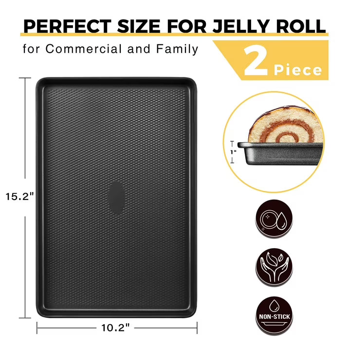 HONGBAKE Jelly Roll Pan 15x10 with Diamond Texture, 2 Pack Cookie Sheet for Baking, Non Stick Baking Sheet Pan for Oven, Heavy Duty Baking Trays Non Toxic, 57% Thicker Carbon Steel, Dark Gray