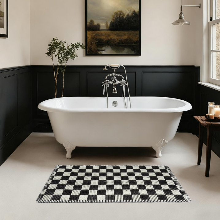 Waffle Bath Mat 24" x 48" Modern Non Slip Quick Drying Shower Mats for Outside Shower Machine Washable Soft and Comfortable Large Bathroom Rugs for Bathroom,Black and White Grid
