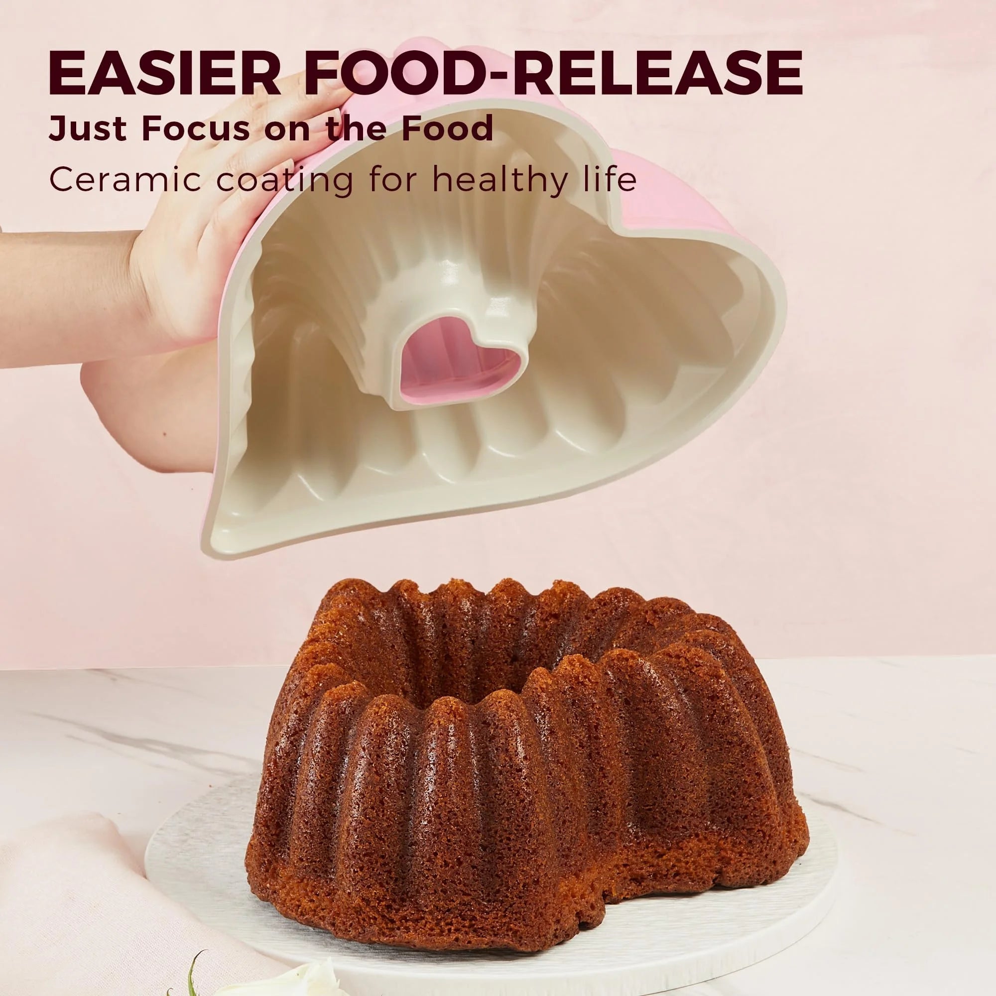 HONGBAKE Heart Shaped Cake Pan, Cast Aluminum Pound Cake Pan with Non-Toxic Ceramic Coating, Nonstick Fluted Cake Mold for Baking, Valentine's Day & Special Occasions,10-Inch, Pink
