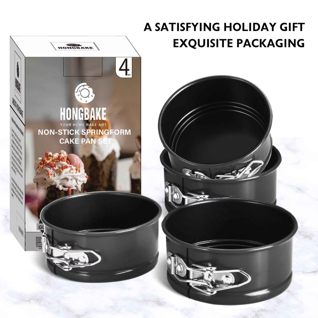 HONGBAKE 4 Inch Springform Pans, Mini Cheesecake Pans with 100 Pcs Parchment Paper Liners, Nonstick Round Cake Pan with Leakproof Removable Bottom for Pizzas, Quiches, 4 Pieces - Dark Grey