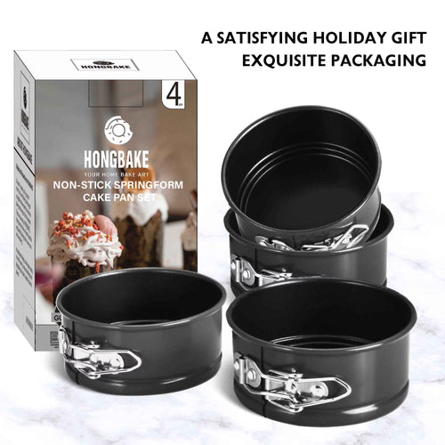 HONGBAKE 4 Inch Springform Pans, Mini Cheesecake Pans with 100 Pcs Parchment Paper Liners, Nonstick Round Cake Pan with Leakproof Removable Bottom for Pizzas, Quiches, 4 Pieces - Dark Grey