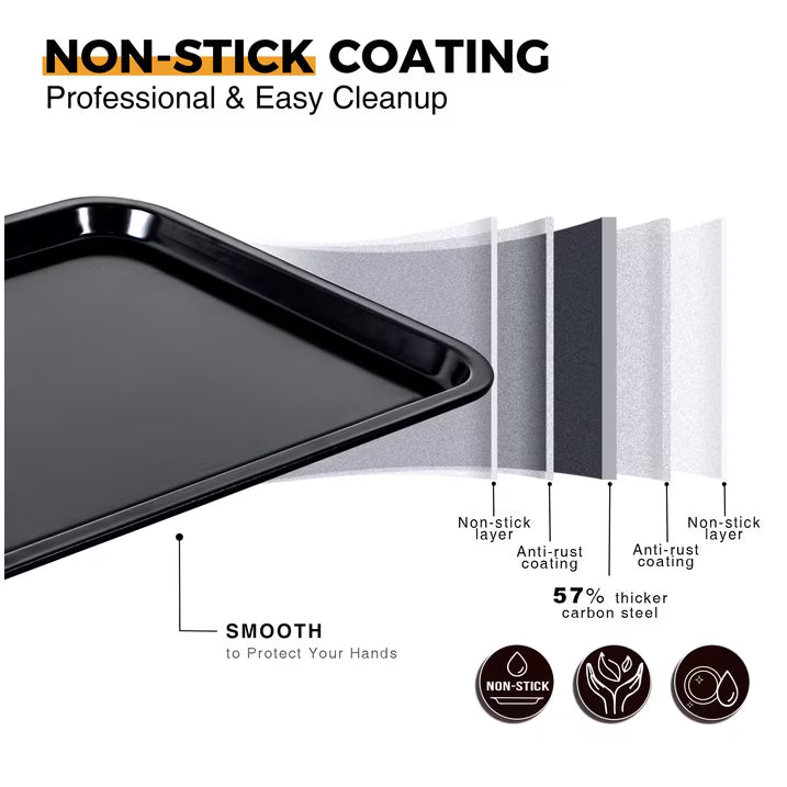 HONGBAKE 2 Pack 13.8" x 9.8" Quarter Sheet Pan for Baking - Nonstick Small Cookie Sheet with Wider Grips, 27% Thicker Carbon Steel Commercial Oven Tray - Black