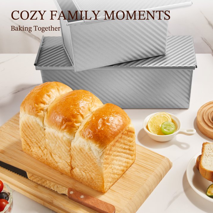 KITESSENSU Bread Pan for Baking, Pullman Loaf Pan with Lid, Non-Stick Bread Loaf Pan Heavy Duty, Carbon Steel Bread Baking Pan, Silver