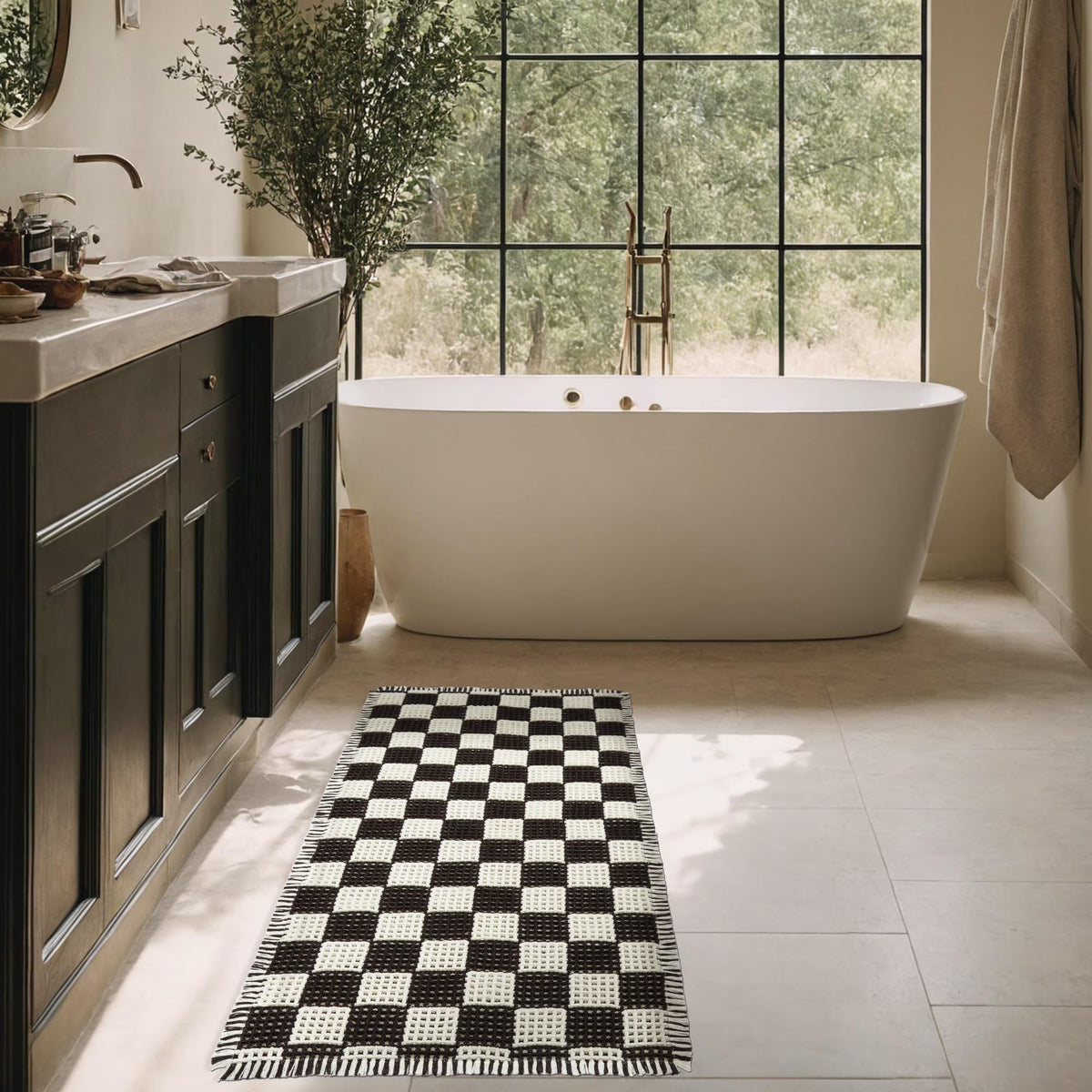 Waffle Bath Mat 24" x 48" Modern Non Slip Quick Drying Shower Mats for Outside Shower Machine Washable Soft and Comfortable Large Bathroom Rugs for Bathroom,Black and White Grid
