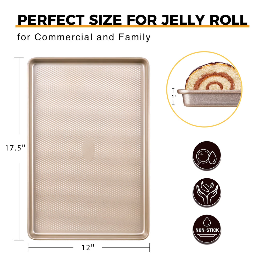 HONGBAKE Half Baking Sheet Pan with Diamond Texture, Non Stick Cookie Sheet for Baking , Heavy Duty Non Toxic Baking Pan for Oven, 17.6" x 12" Baking Trays, Gold
