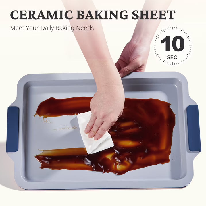 HONGBAKE Non Toxic Ceramic Cookie Sheets for Baking, 3-piece Non Stick Baking Sheet Pans for Oven, Heavy Duty Aluminized Steel Baking Pans Set with Silicone Handles -Navy
