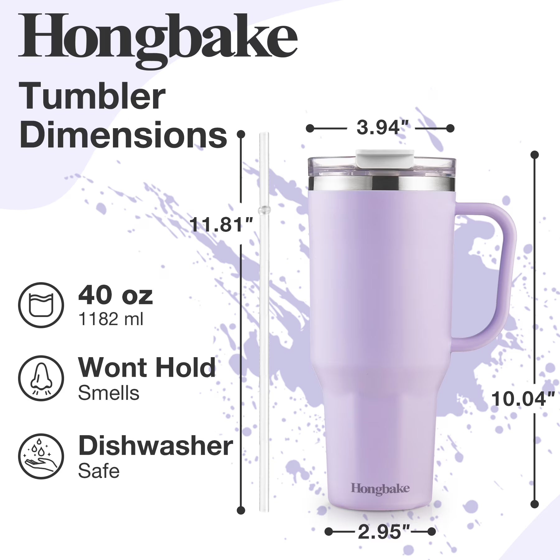 HONGBAKE 40 oz Tumbler with Handle and Straw Lid, Vacuum Insulated Stainless Steel Tumbler, Travel Mug Fits Cup Holder, Dusty Lavender