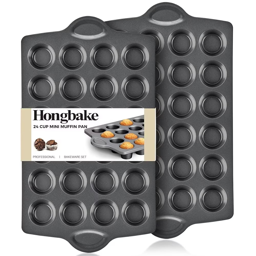 HONGBAKE Mini 24 Ceramic Muffin Pan Set, Nonstick Cupcake Pans with Ear Shaped Wider Grips, Non-toxic, Heavy-duty Small Cheesecake Tray, Gray
