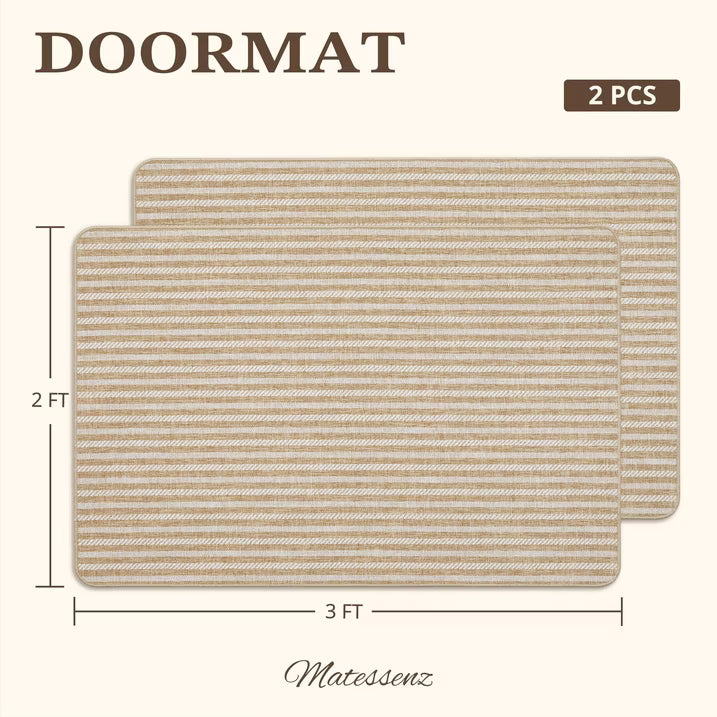 MatEssenz 2-Pack Washable Inside Door Mats 2x3 ft, Low Profile Entryway Rug Set, Scandinavian Striped Woven Faux Linen, Non-Slip Mudroom & Kitchen Mat, Apartment Essentials, Khaki