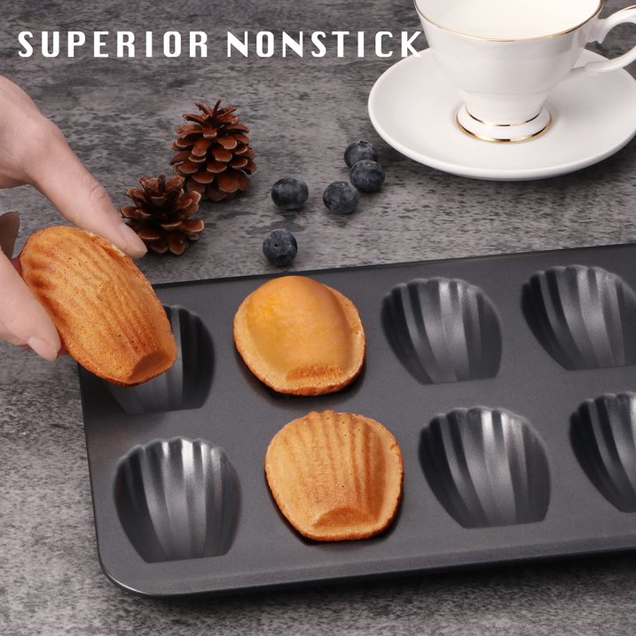 HONGBAKE Nonstick Madeleine Pan 2 Pack 12-Cavity Heavy Duty Madeleine Cookies Trays for Oven Baking, Cake Mold Warp Resistant Shell Shape Madeleine Mold Cake Pan, Space Grey