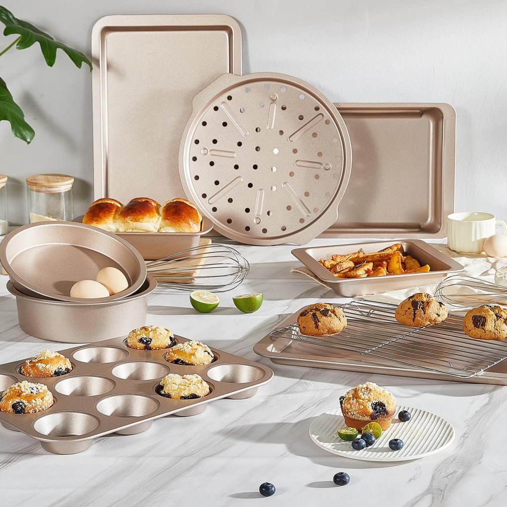 HONGBAKE 10-Piece Nonstick Carbon Steel Bakeware Set, Baking Pan Set with Baking Sheets, Cake Pans, Loaf Pan & Muffin Pan, Champagne Gold